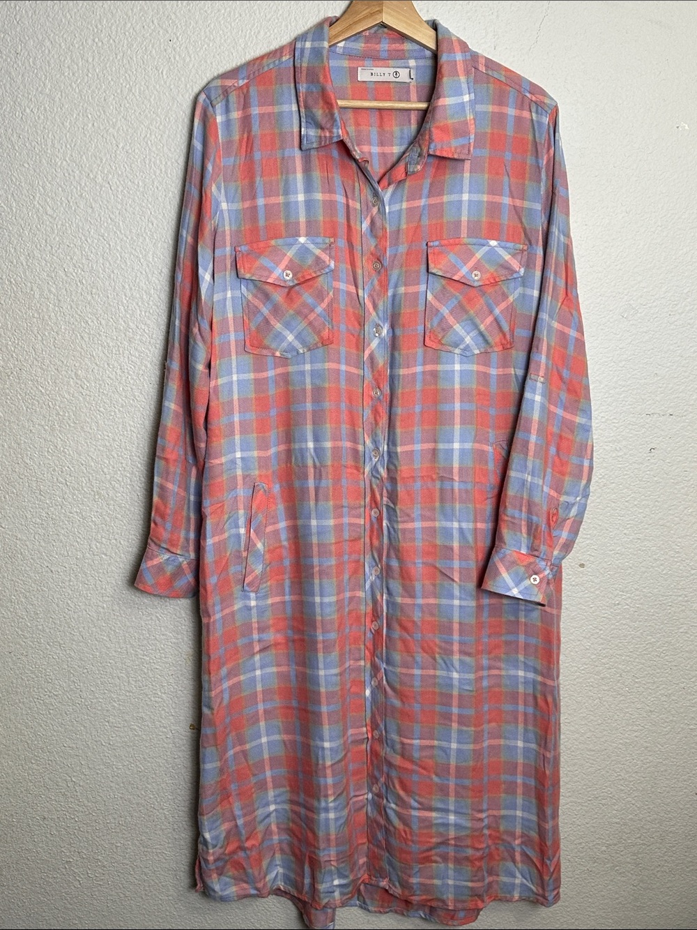 Billy T Pink Blue Plaid Shirt Dress Midi Button Down Pockets Long Sleeve Large